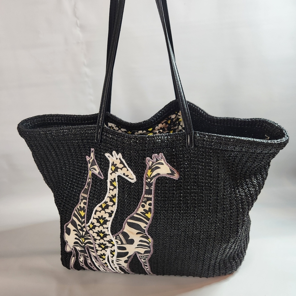 VERA BRADLEY Fanfare Black Nylon “Straw” Tote Bag Giraffe Beige & Yellow
